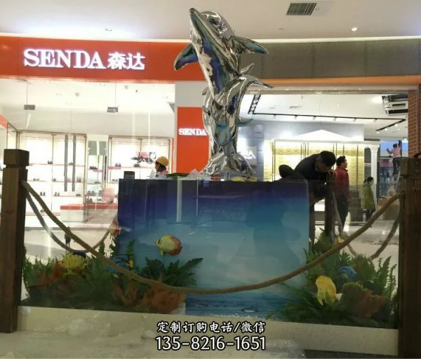 金屬海洋動物景觀商場不銹鋼鏡面創意海豚雕塑（3）