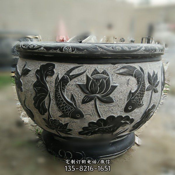 青石仿古荷花圖案石缸庭院擺件石雕魚缸雕塑（1）