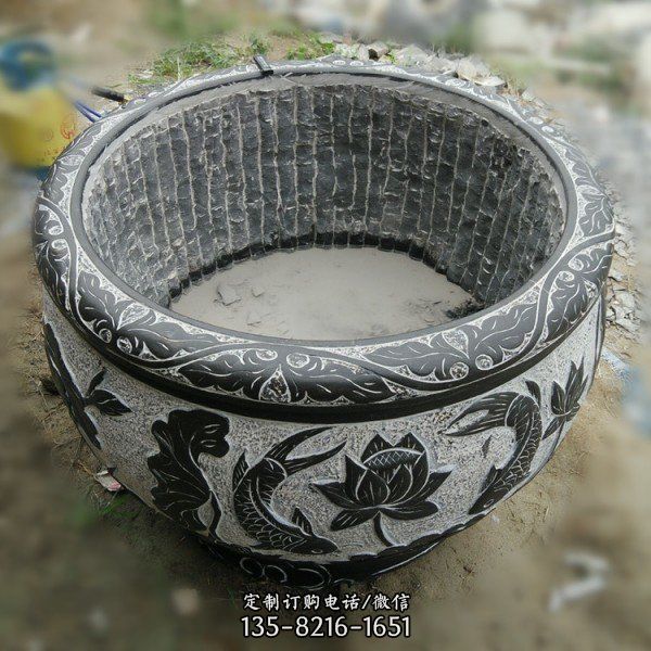 青石仿古荷花圖案石缸庭院擺件石雕魚缸雕塑（3）