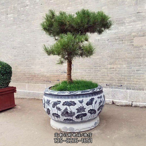 青石仿古荷花圖案石缸庭院擺件石雕魚缸雕塑（4）