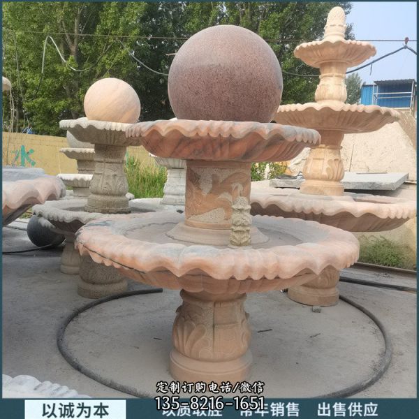 別墅小區晚霞紅石雕園林景觀風水球噴泉流水擺件