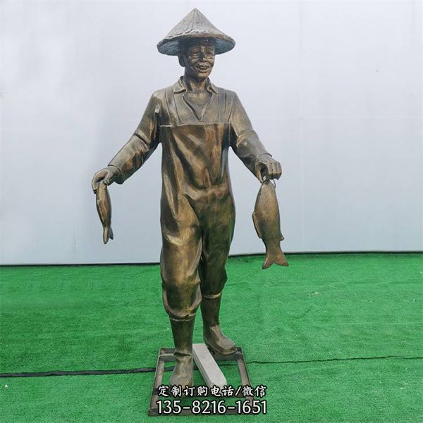 農場擺放玻璃鋼仿銅打魚漁夫民俗小品雕塑（2）