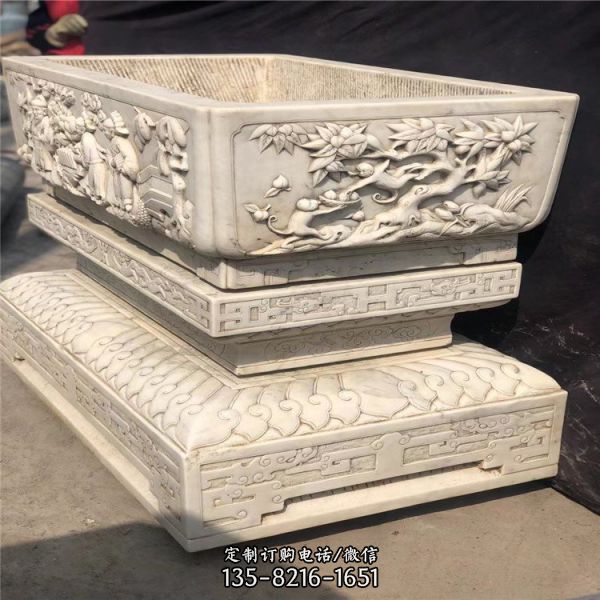石雕漢白玉花盆魚(yú)盆庭院裝飾石槽雕塑（1）