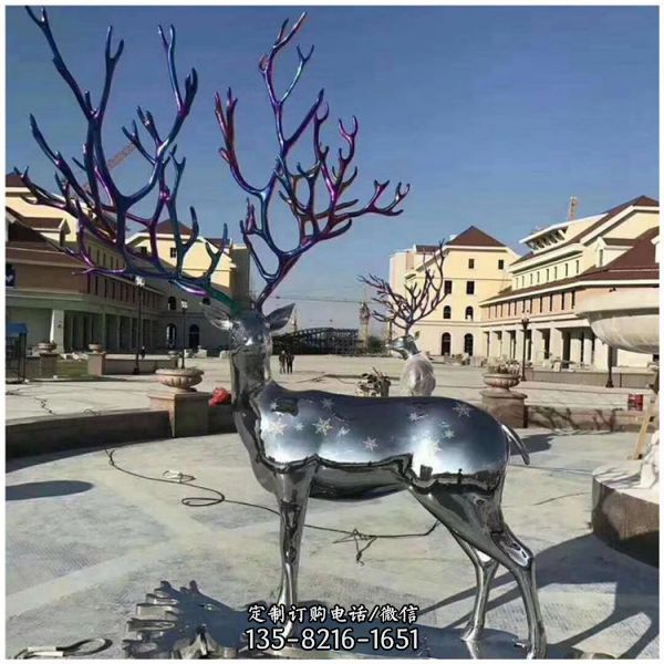 別墅酒店創(chuàng)意不銹鋼鏤空戶外大型梅花鹿雕塑（3）