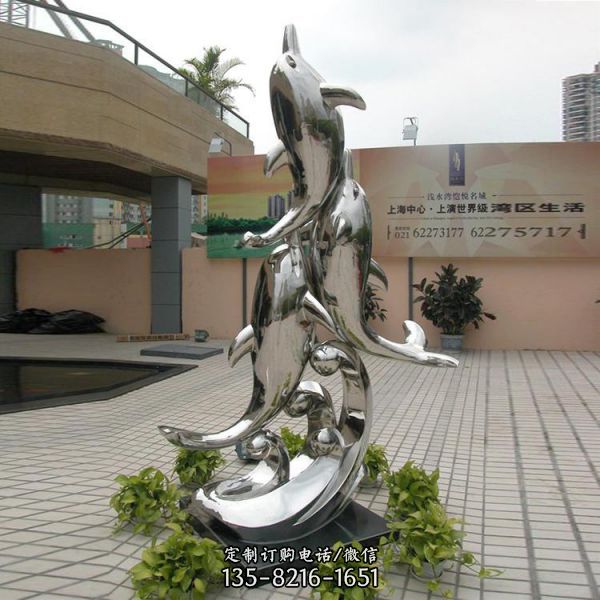 景區廣場不銹鋼鏡面海豚動物景觀雕塑（3）