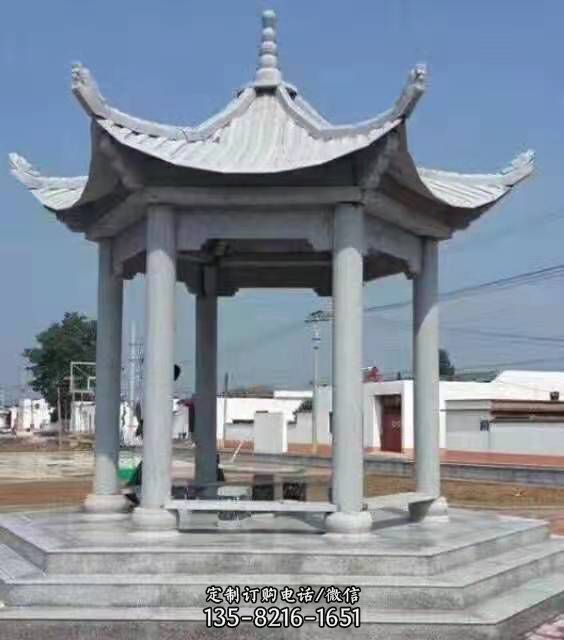 農村文化廣場擺放青石仿古六角涼亭雕塑