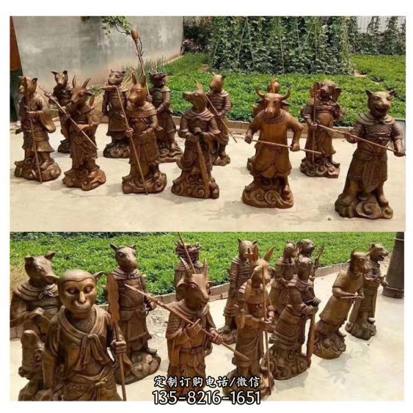 人身獸首的十二生肖銅雕，可做石材或玻璃鋼材質