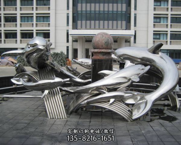 廣場大型創意園林水景裝飾擺件不銹鋼抽象海豚雕塑 （5）