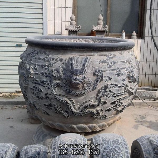 庭院小區擺放仿古大理石雕刻荷花龍紋魚缸（4）