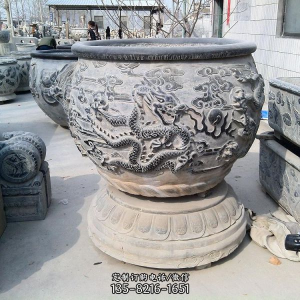 庭院小區擺放仿古大理石雕刻荷花龍紋魚缸（5）