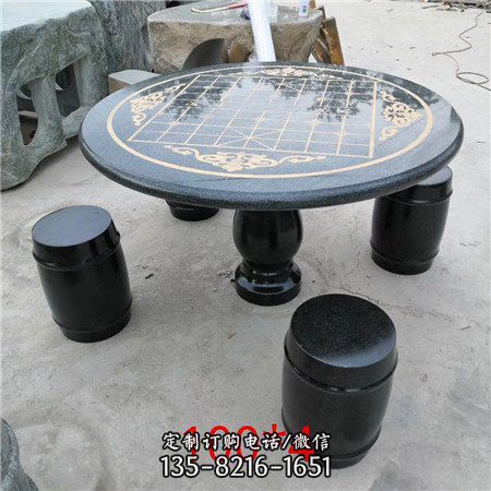 公園廣場擺放休閑大理石黑雕刻石桌圓凳 （5）