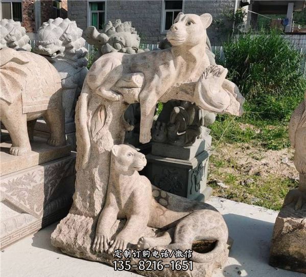 園林景觀黃銹石石雕動物創意豹子雕塑（5）