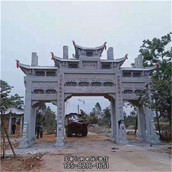 宗祠村口擺放仿古石雕牌坊大門 （3）