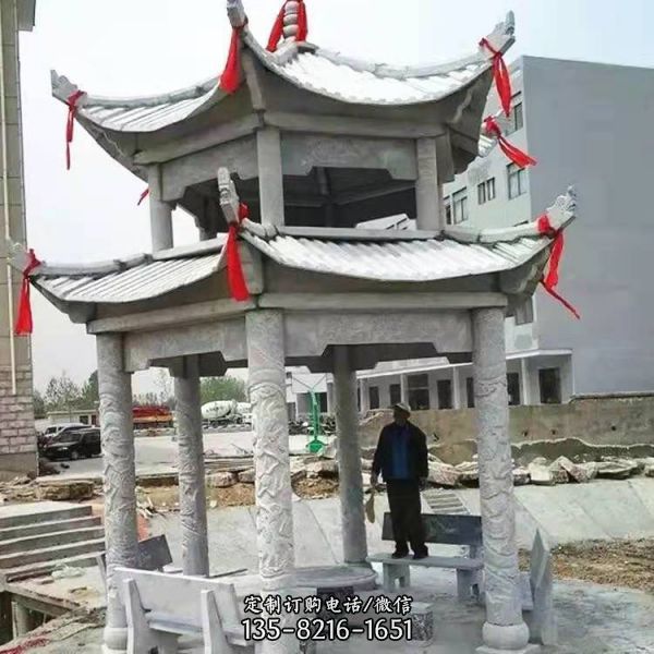 公園小區擺放雙層花崗巖六角涼亭長廊 （1）