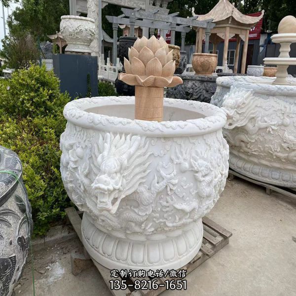 庭院戶外仿古漢白玉浮雕流水花缸魚缸擺件