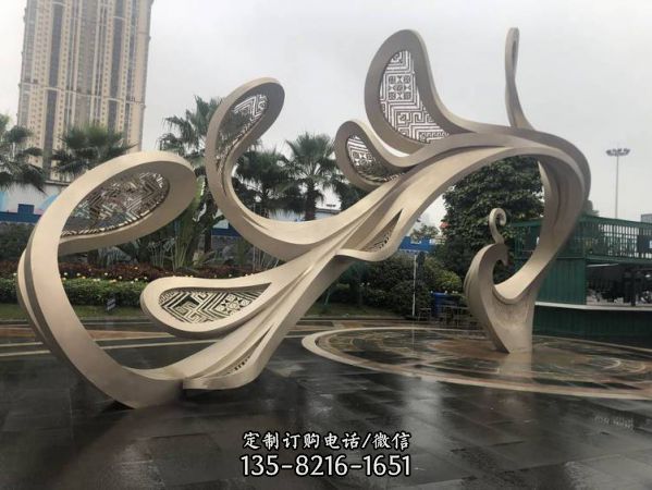景區(qū)廣場(chǎng)藝術(shù)不銹鋼電鍍玫瑰金大型抽象鳳凰雕塑（4）