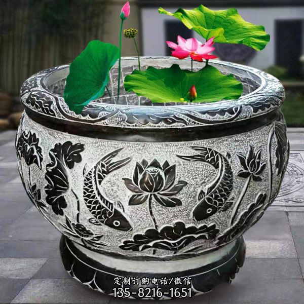 庭院擺放青石仿古雕刻荷花魚缸老舊石槽石盆擺件（2）