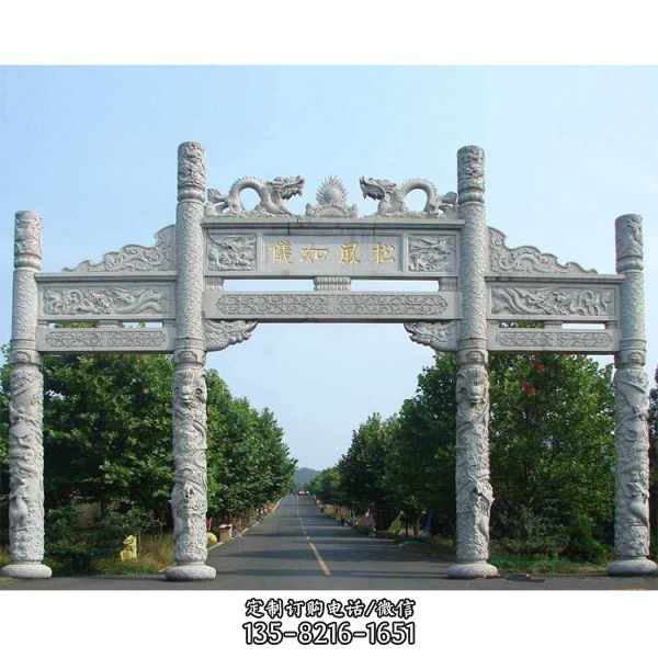 景區村莊入口擺放青石雕刻牌樓擺件（2）