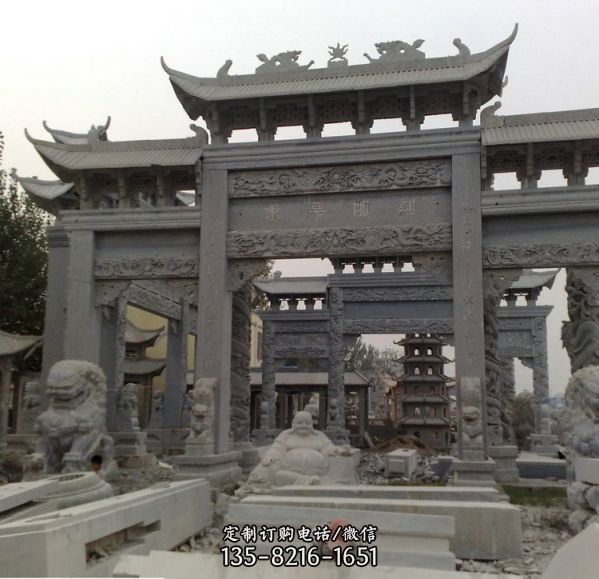 景區村莊入口擺放青石雕刻牌樓擺件（5）