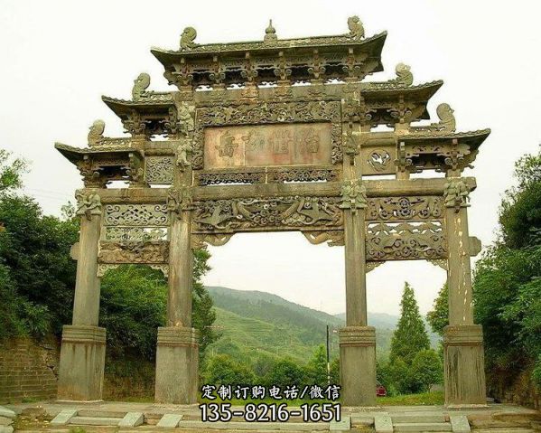景區村莊入口擺放青石雕刻牌樓擺件（7）