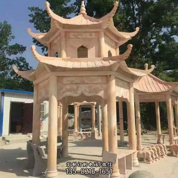 戶外園林晚霞紅大理石石雕涼亭雕塑