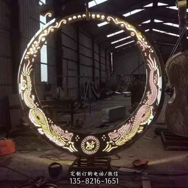不銹鋼鏡面發光月亮圓環雕塑（5）