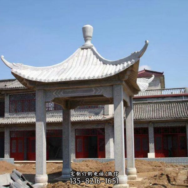 別墅園林晚霞紅石雕古建長廊石涼亭（1）