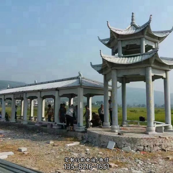 別墅園林晚霞紅石雕古建長廊石涼亭（2）
