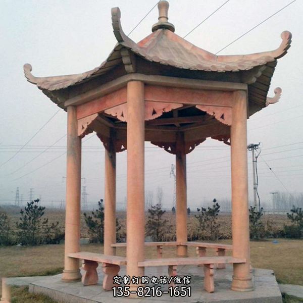 中式晚霞紅雙層涼亭長廊 廊架公園小區擺件（3）
