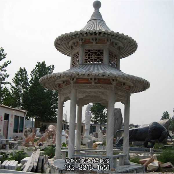 中式晚霞紅雙層涼亭長廊 廊架公園小區擺件（5）