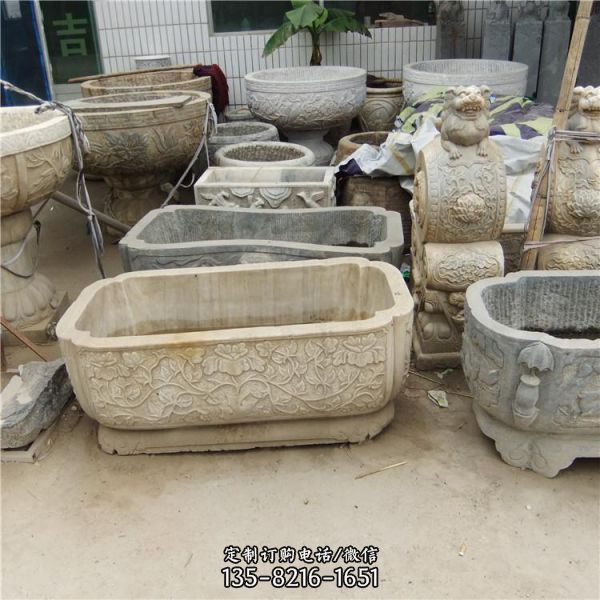 仿古做舊石雕浮雕養魚種花石槽雕塑