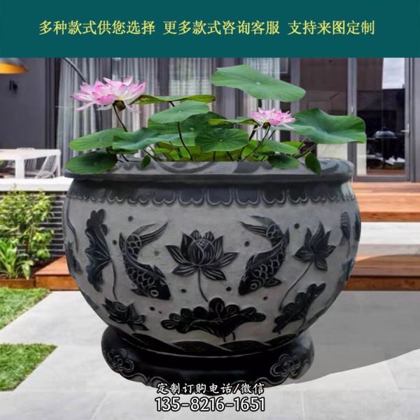中式石雕浮雕創(chuàng)意園林庭院魚缸雕塑（2）