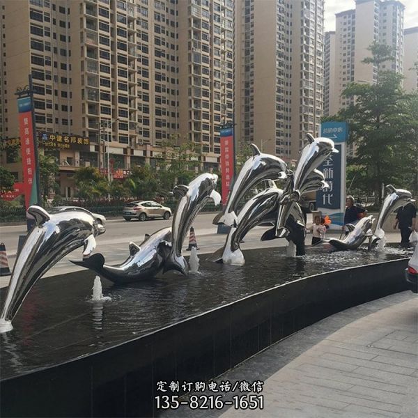 戶外不銹鋼鏡面水景跳躍的海豚景觀雕塑
