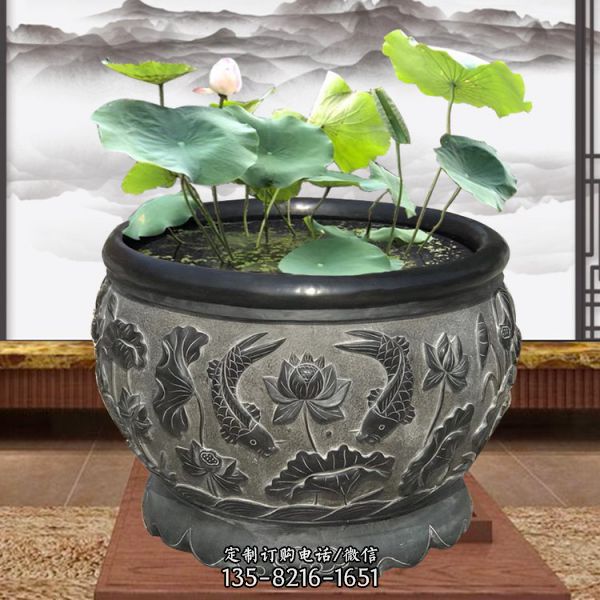 園林擺放青石做黑舊魚缸花盆雕塑（1）
