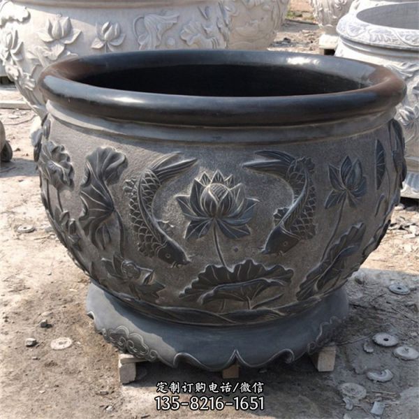 園林擺放青石做黑舊魚缸花盆雕塑（3）