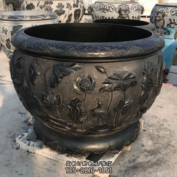 園林擺放青石做黑舊魚缸花盆雕塑（5）