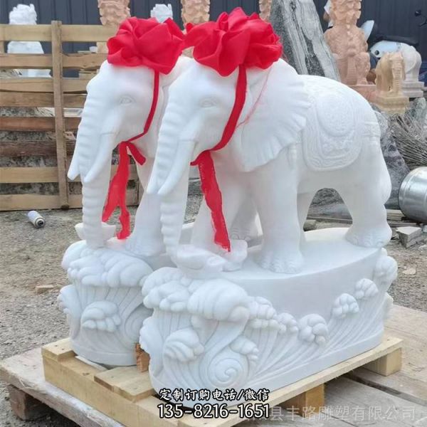 晚霞紅漢白玉雕刻高100公分小象酒店擺件（4）