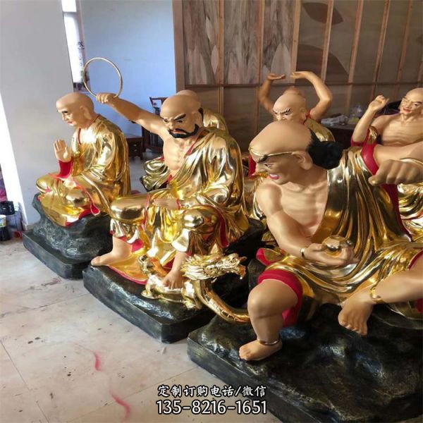 寺廟大型玻璃鋼彩繪噴金烤漆十八羅漢雕塑（2）
