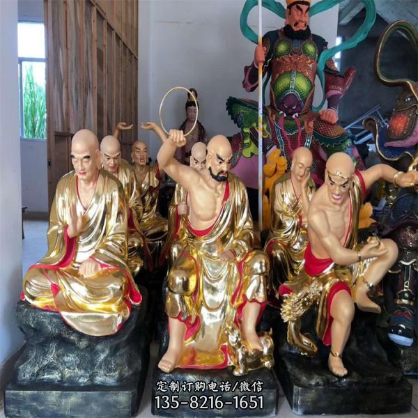 寺廟大型玻璃鋼彩繪噴金烤漆十八羅漢雕塑（6）