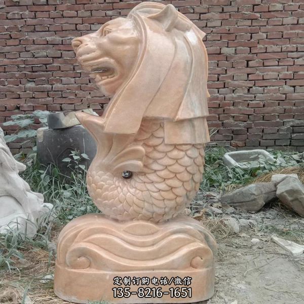 天然晚霞紅雕刻魚尾獅 廣場水池噴水雕塑