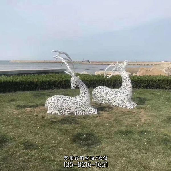 公園景點玻璃鋼不銹鋼抽象鹿草坪雕塑擺件（2）