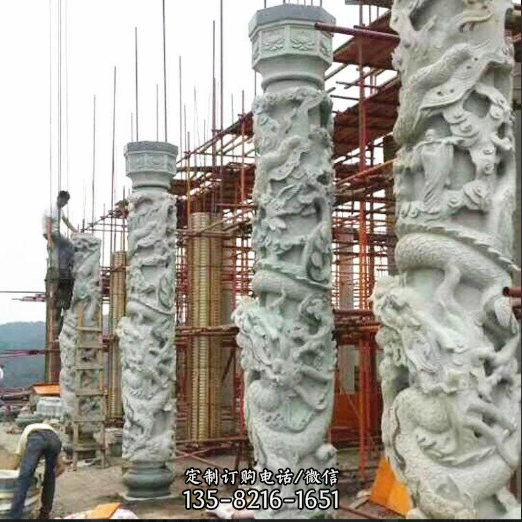 石雕龍柱，大理石高浮雕盤龍柱