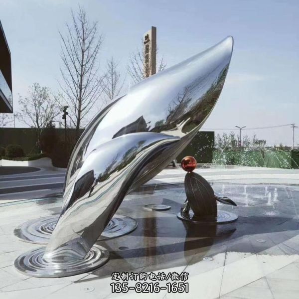鏡面戶外水景擺件大型抽象海洋動物鯨魚雕塑