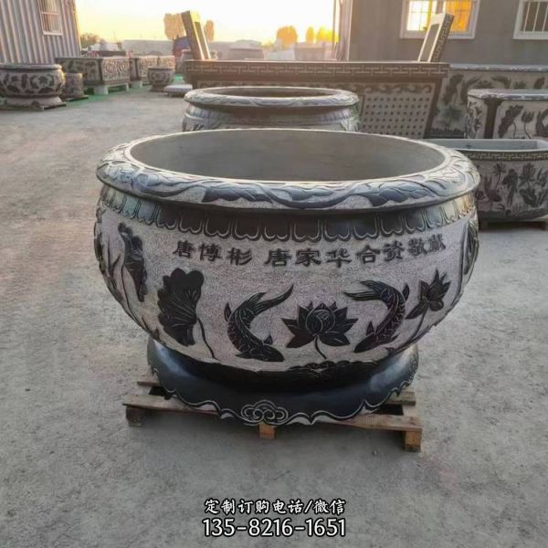 田園景觀招財青石仿古石雕魚缸雕塑（5）