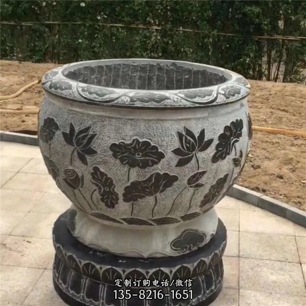 庭院做舊大理石浮雕荷花魚缸花缸雕塑（2）