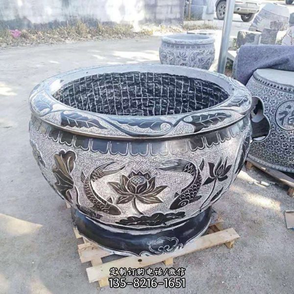 大型仿古青石浮雕雙魚蓮花水缸雕塑