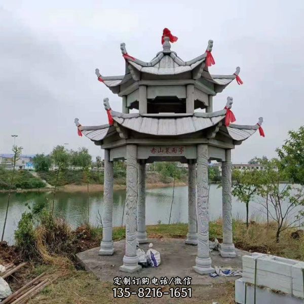 小區園林擺放石雕青石六角休閑石亭子