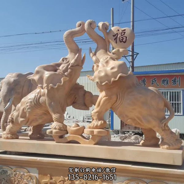 大理石石雕園林景觀(guān)一對(duì)晚霞紅石雕大象雕塑
