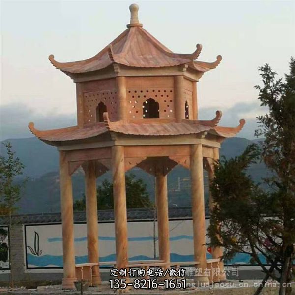 公園大型石雕中式仿古六角涼亭雕塑（3）