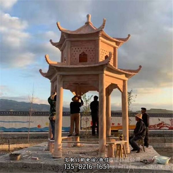 公園大型石雕中式仿古六角涼亭雕塑（4）